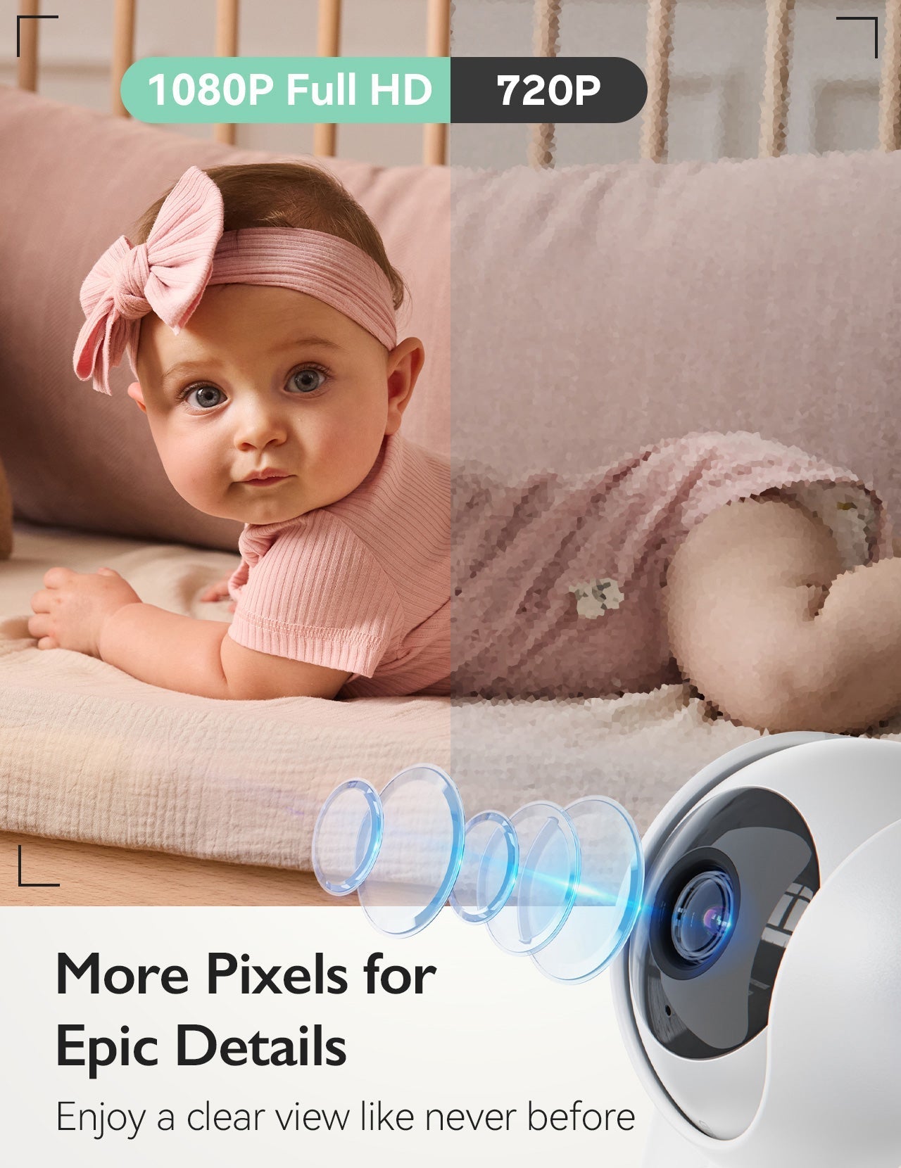 Momcozy BM03 video baby monitor features 1080P Full HD for epic details. Includes camera lens graphic.